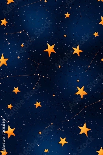 Fototapeta Starry night sky illustration with scattered bright orange stars on a deep navy background, symbolizing hope, imagination, and celestial wonder in a decorative cosmic design