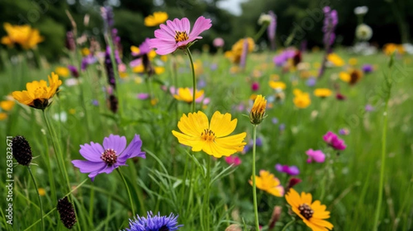 Fototapeta Colorful wildflowers blooming in vibrant meadow, creating joyful scene