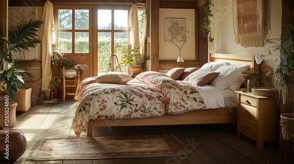 Obraz A bedroom with wooden furniture, earth-toned bedding, and indoor plants.