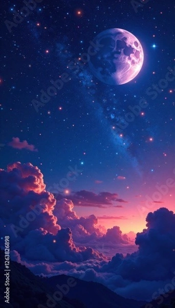 Fototapeta Celestial background with vibrant stars and a silvery moon, night sky, shiny, space