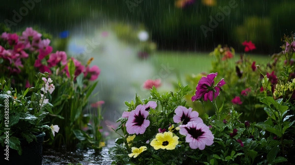 Fototapeta picturesque garden with raindrops on colorful flowers, creating serene atmosphere