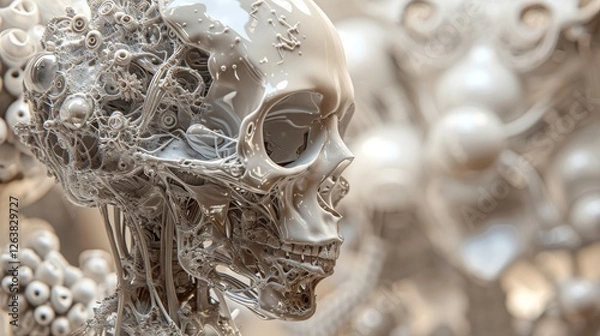 Fototapeta A detailed futuristic design of a skeletal structure adorned with mechanical and organic elements, showcasing a blend of intricate textures and soft tones. AI generated.
