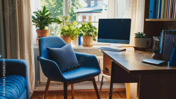 Fototapeta Bright Home Office Setup with Blue Accents, Plants and Modern Desk Design