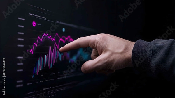 Fototapeta Digital Graphic of a Hand Swiping Through Holographic Graphs and Charts A sleek digital graphic illustration featuring a hand swiping left through holographic