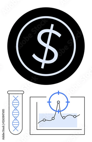 Fototapeta Dollar symbol, DNA strand in test tube, and data chart with target icon. Ideal for biotech, finance analysis, pricing strategy, research funding, innovation, medical developments abstract line flat