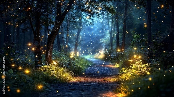 Fototapeta Magical forest path at night, fireflies glowing, mystical background, ideal for fantasy