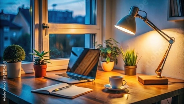 Fototapeta Cozy, minimalist desk setup: lamplight enhances notebook focus, maximizing productivity.