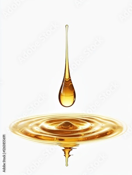 Fototapeta Golden oil drop falling, creating ripples, white background, for product advertisement