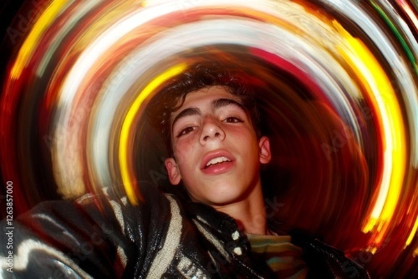 Fototapeta Love confession. Valentine's day greeting from man or for man: dazzling vivid image of loving latin young person boy. Commercial digital ads layout art. Dating visuals. Love commitment.