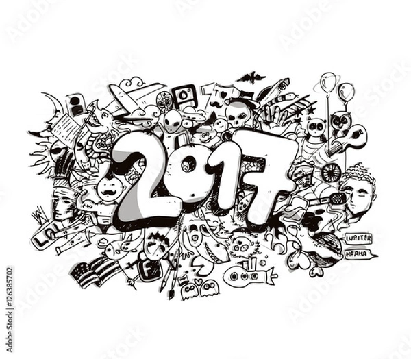 Obraz Happy new year 2017 Doodle design elements for holiday cards, for decorations Vector Illustration background