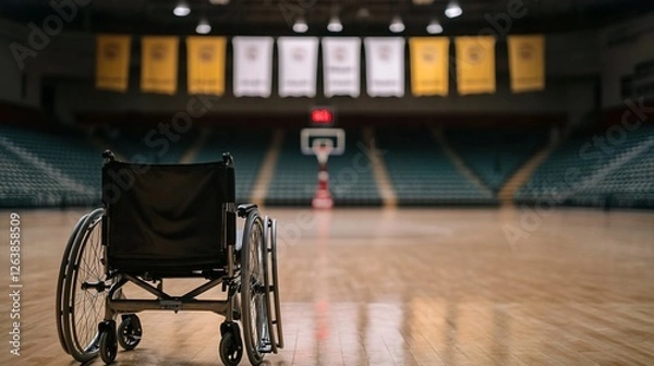 Obraz Empty wheelchair in arena; basketball court background