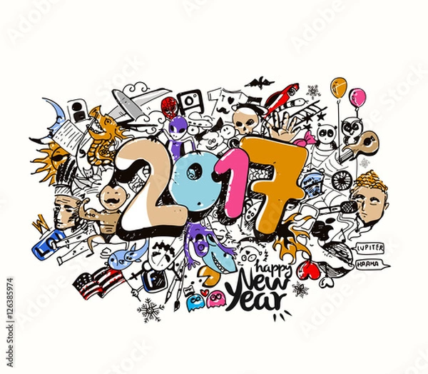 Fototapeta Happy new year 2017 Doodle design elements for holiday cards, for decorations Vector Illustration background