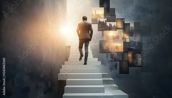 Fototapeta Suit businessman walking up stairs against gray wall with copy space Pictures of multiple buildings are floating in the air He is on his way to success Japanes