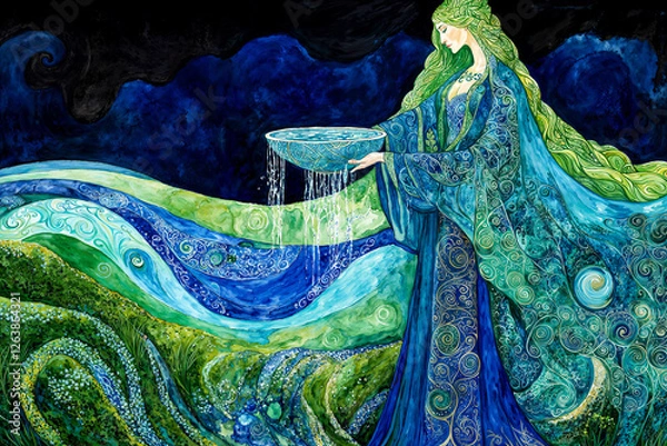 Fototapeta Danu, Celtic earth mother goddess of nature, with overflowing bowl of water, Tuatha Dé Danann, Ireland mythology