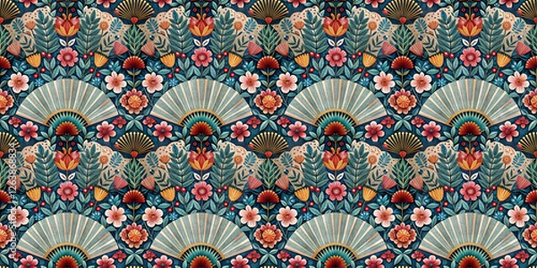 Obraz Seamless pattern featuring illustrated fans, flowers, and leaves in rich, vivid colors on a dark blue background.
