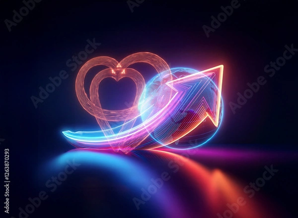 Fototapeta Neon heart and arrow glow brightly on a dark reflective surface.  The shapes are illuminated with vibrant red, orange, pink, and blue light, creating a modern and energetic feel.