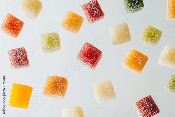 Fototapeta Colorful sugar-coated fruit jellies scattered on a white background.