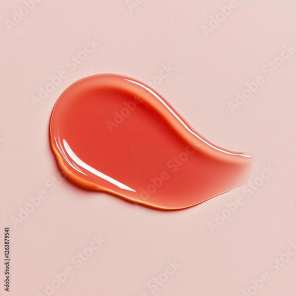 Fototapeta Warm red or orange lip oil, hydrating serum, shower gel, or shampoo swatch with a glossy texture on a soft pink background.