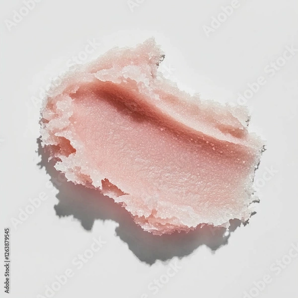 Fototapeta Soft pink coconut, salt or sugar scrub with a grainy, exfoliating texture on a white background.