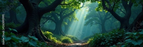 Fototapeta Dark forest foliage with twisted tree branches and exotic leaves in the shadows, dark forest, eerie atmosphere