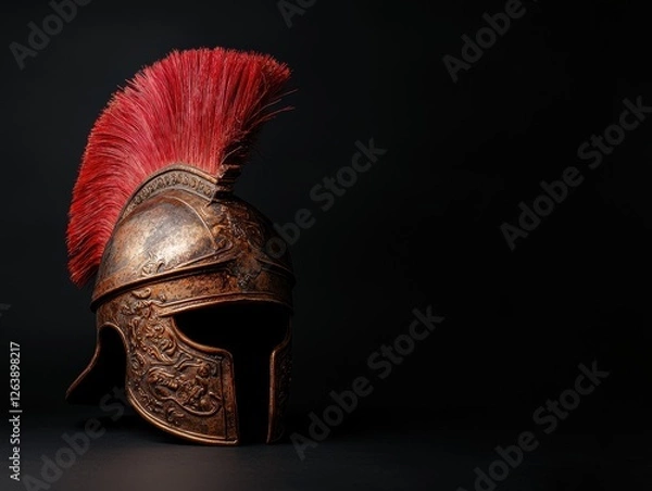 Fototapeta A spartan helmet with a red plume on a black background.