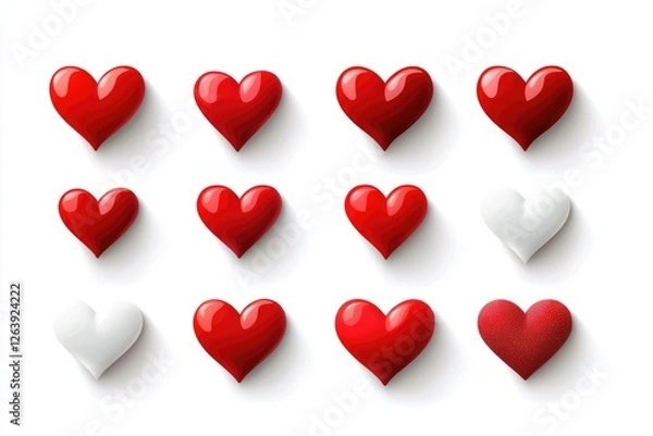 Fototapeta Collection of Colorful Heart Shapes in Red and White for Valentine's Day, Love Celebrations, and Romantic Themes in High-Quality Resolution