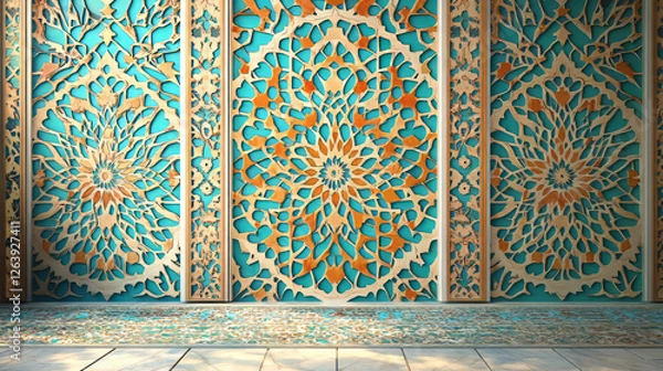 Obraz teal beige ornate mandala wall decor with islamic geometric pattern featuring a laser cut wooden lattice screen in persian style for architectural design and abstract art inspiration