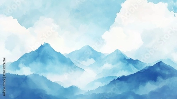 Fototapeta Misty blue mountains in a serene landscape showcasing soft watercolor tones and gentle clouds on a bright day. Generative AI
