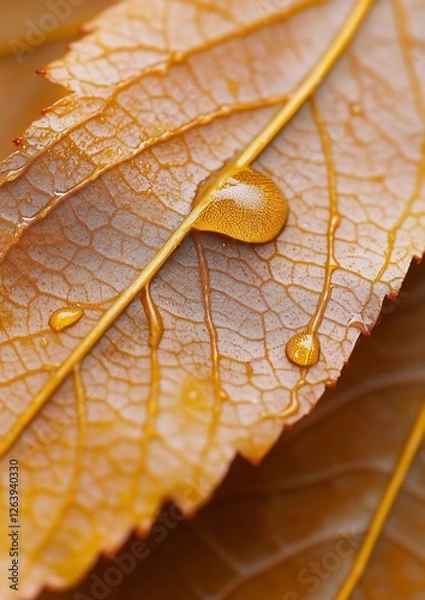 Fototapeta Autumn leaf, dewdrop, macro, nature, fall background, website