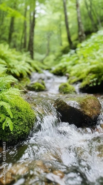 Obraz Forest stream flowing over moss-covered rocks
