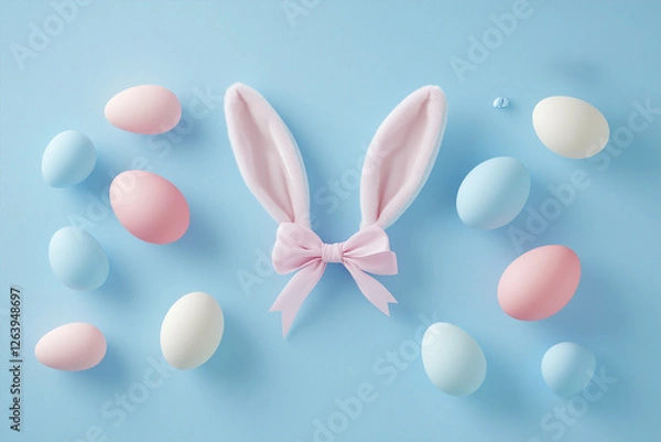 Fototapeta Pastel Easter Eggs and Bunny Ears with Pink Bow on Light Blue Background Festive Spring Holiday Image