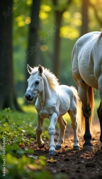 Fototapeta Unicorn foal playing with mane and tail of mare in forest, horse, unicorns, mane
