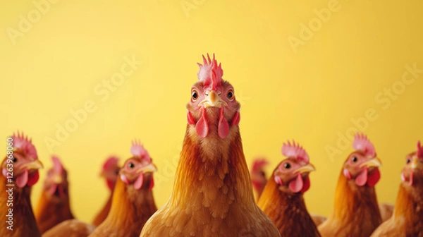 Fototapeta brown old mother chicken stands out among group of chickens, showcasing its vibrant feathers against bright yellow background. scene captures lively farm atmosphere