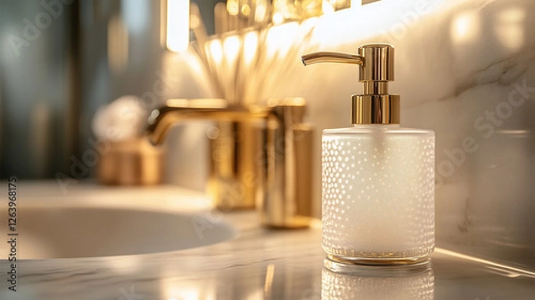 Fototapeta ラグジュアリーな光に照らされたハンドソープとディスペンサー