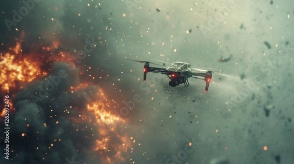 Obraz A tactical drone maneuvers through a war-torn sky, surrounded by flames and thick smoke. The intense scene reflects futuristic warfare and AI-driven technology. AI generated.