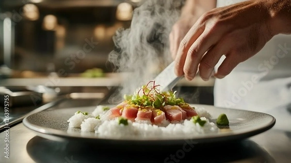 Obraz Chef prepares sushi, steaming rice, kitchen
