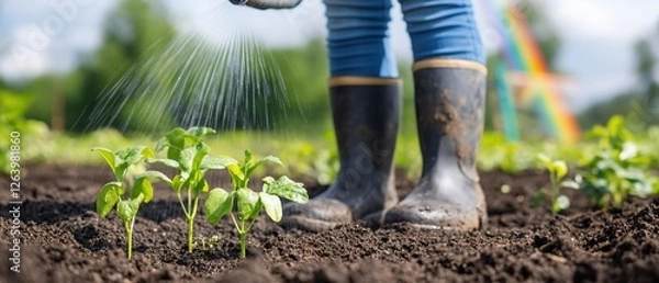 Obraz Child waters seedlings in garden, rainbow background