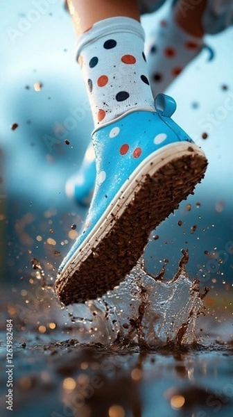 Obraz Child's muddy boots splashing puddle, outdoor fun