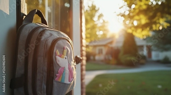 Obraz Child's unicorn backpack hangs on door, sunset suburb