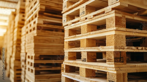 Obraz Palletized wood products stacked in warehouse create organized and efficient storage solution. warm lighting enhances natural texture of wood, showcasing its quality