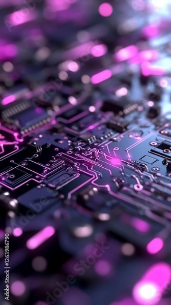 Obraz Circuit board close-up, glowing pink, tech background