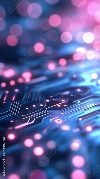Obraz Circuit board, glowing pink, blue bokeh, technology background