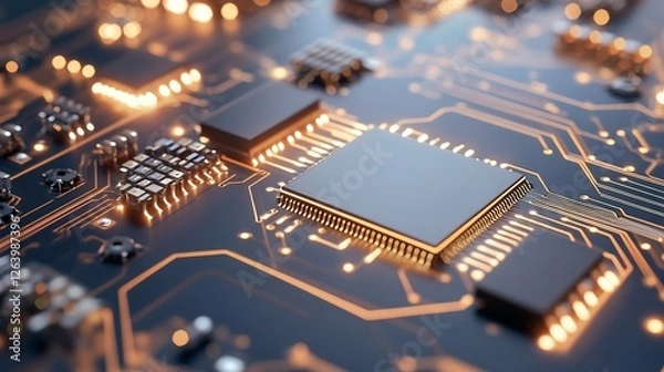 Obraz Circuit board processor, glowing details, tech background