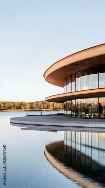 Obraz Circular lakefront building; calm water reflection; autumn trees; architectural design