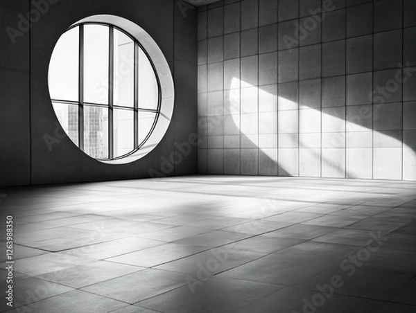Obraz Circular window, city view, sunlight, modern building interior