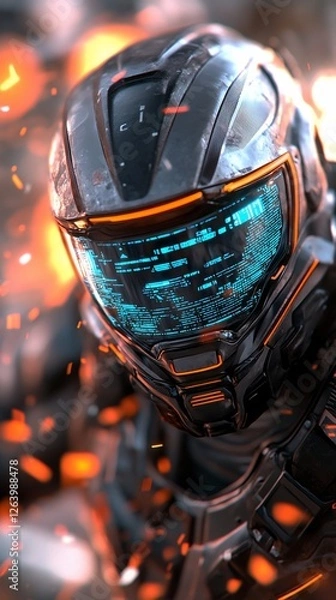 Obraz Futuristic soldier helmet, battle, fire, digital display, sci-fi game
