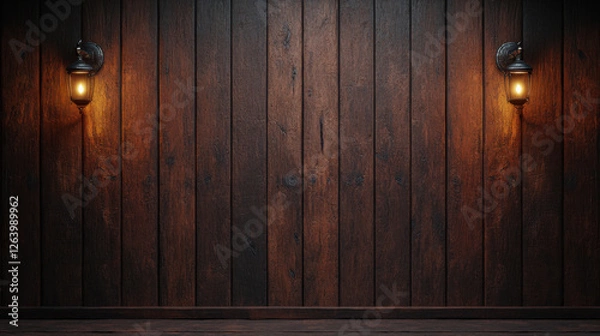 Fototapeta rustic wooden wall with two vintage lanterns, creating warm and inviting atmosphere. rich textures and warm lighting enhance cozy feel of space