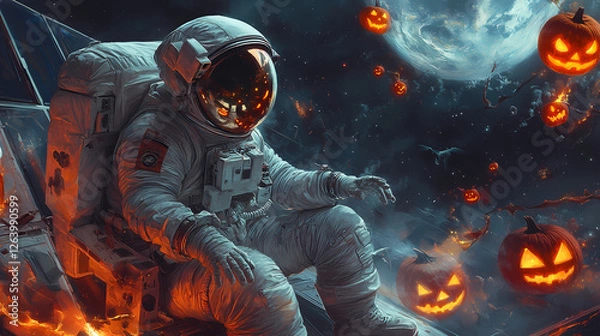 Fototapeta Eerily themed space station haunted by spectral astronauts and alien jack-o'-lanterns. Spectral Astronauts. Illustration