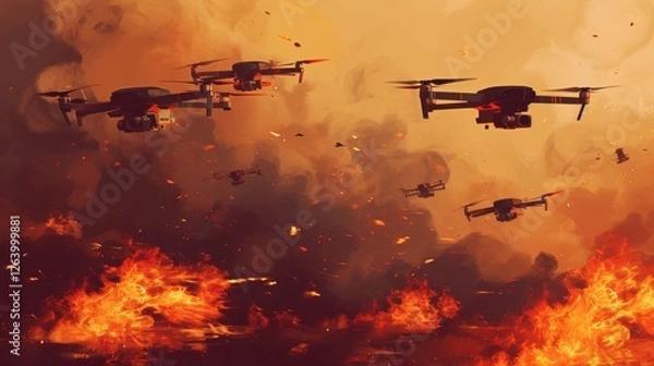Obraz A fleet of military drones hovers over a fiery battlefield, surrounded by thick smoke and raging flames, creating an intense war-like atmosphere. AI generated.
