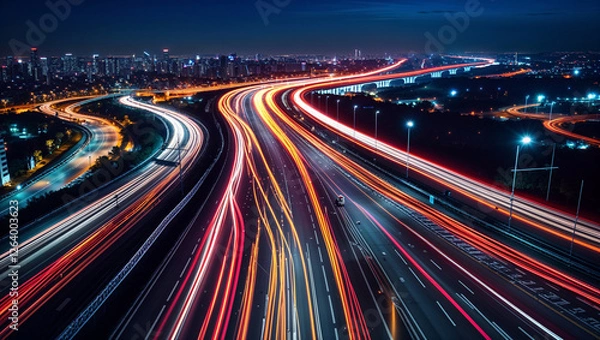Obraz Dynamic Night Traffic on a Busy Highway long-exposure photograph capturing the movement of vehicles on a multi-lane highway at night